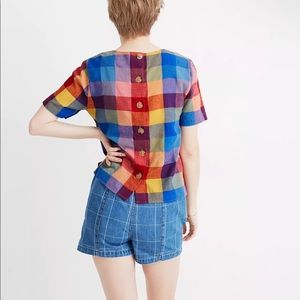 madewell multicolor checkered tee with buttons medium